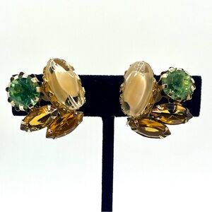 Vintage Czech Glass Cluster Earrings Peridot Green UV Reactive